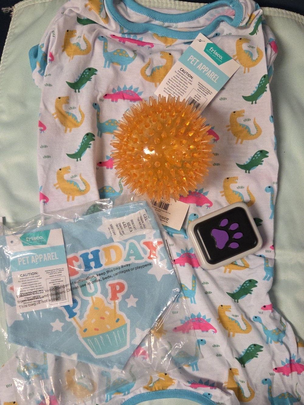 BUNDLE-Frisco Dino Print Pet Pajama, Spiky Toy, Birthday Bandana,‎ Words Toy